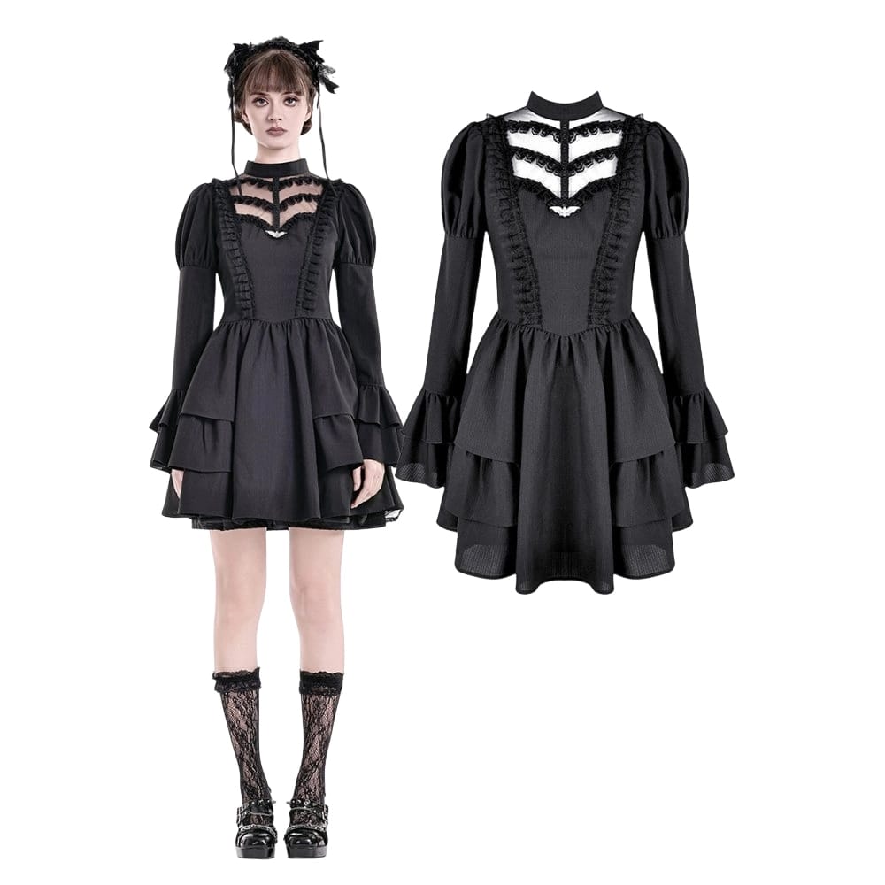 Darkinlove Women's Gothic Mesh Splice Mock Neck Layered Hem Puff Sleeve Short Dress