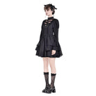 Darkinlove Women's Gothic Mesh Splice Mock Neck Layered Hem Puff Sleeve Short Dress