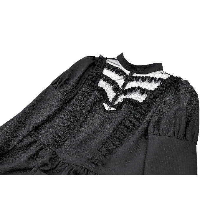 Darkinlove Women's Gothic Mesh Splice Mock Neck Layered Hem Puff Sleeve Short Dress