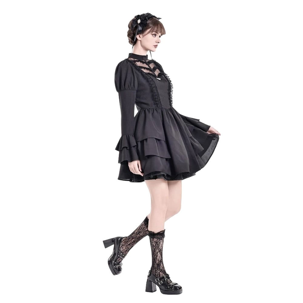 Darkinlove Women's Gothic Mesh Splice Mock Neck Layered Hem Puff Sleeve Short Dress