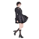 Darkinlove Women's Gothic Mesh Splice Mock Neck Layered Hem Puff Sleeve Short Dress