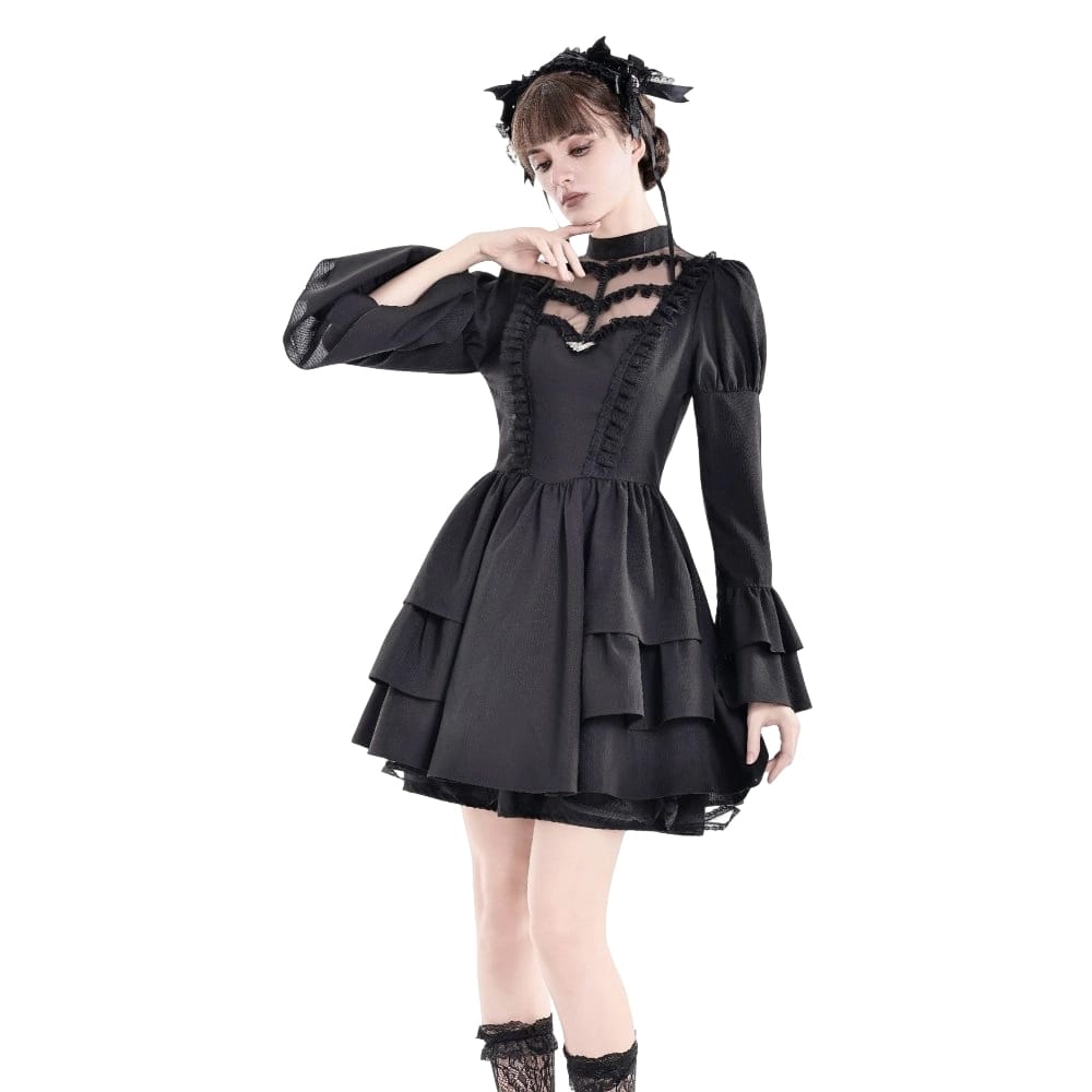 Darkinlove Women's Gothic Mesh Splice Mock Neck Layered Hem Puff Sleeve Short Dress