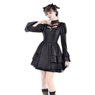 Darkinlove Women's Gothic Mesh Splice Mock Neck Layered Hem Puff Sleeve Short Dress
