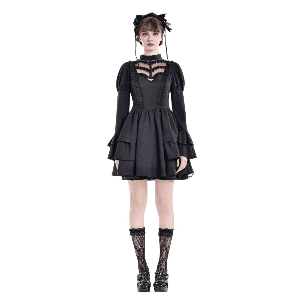 Darkinlove Women's Gothic Mesh Splice Mock Neck Layered Hem Puff Sleeve Short Dress