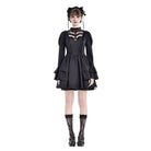 Darkinlove Women's Gothic Mesh Splice Mock Neck Layered Hem Puff Sleeve Short Dress