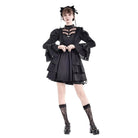Darkinlove Women's Gothic Mesh Splice Mock Neck Layered Hem Puff Sleeve Short Dress