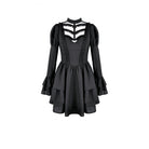 Darkinlove Women's Gothic Mesh Splice Mock Neck Layered Hem Puff Sleeve Short Dress