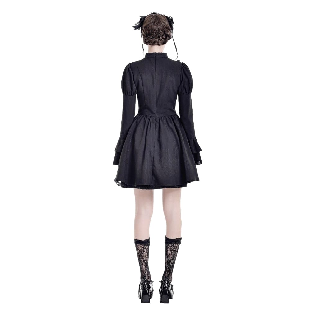 Darkinlove Women's Gothic Mesh Splice Mock Neck Layered Hem Puff Sleeve Short Dress