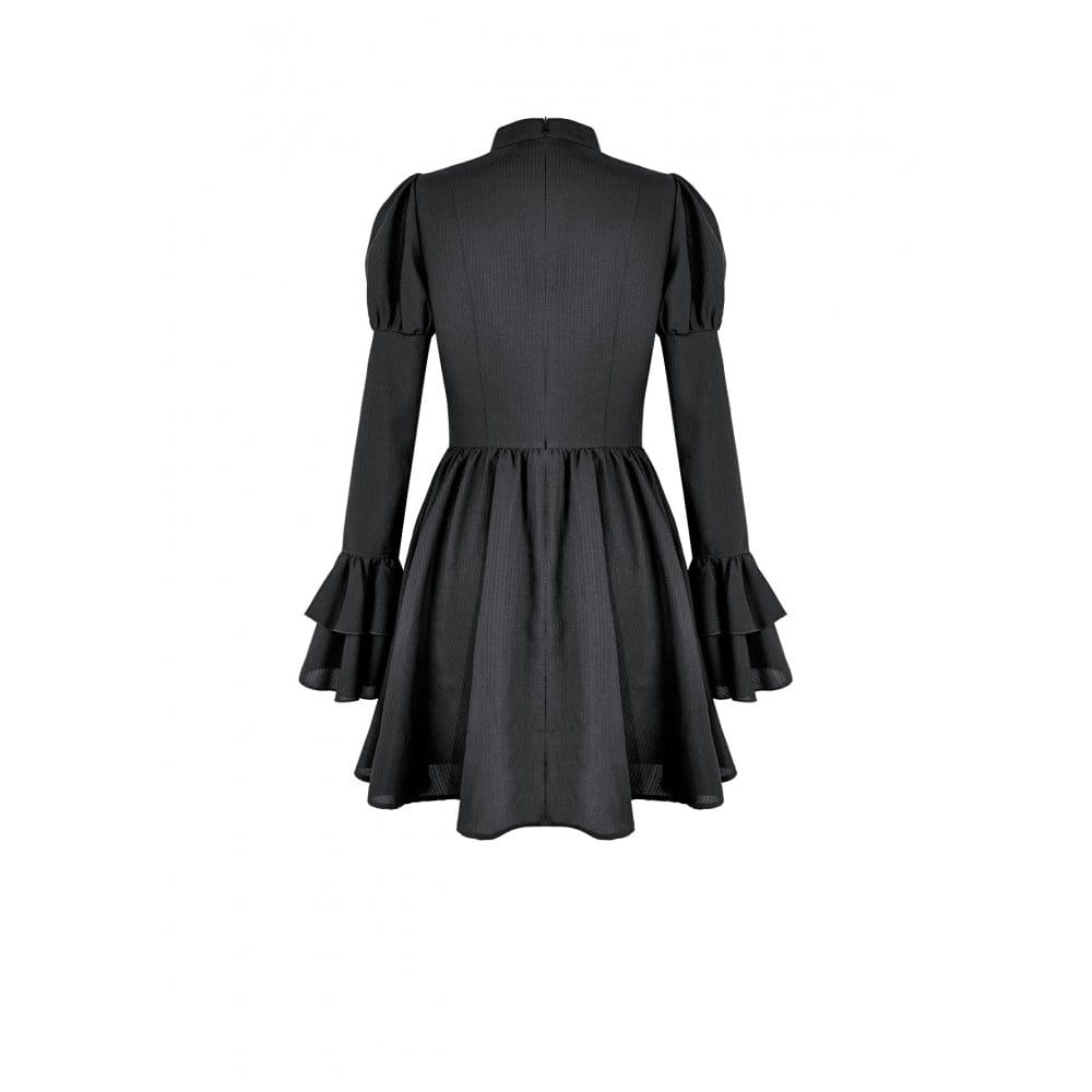 Darkinlove Women's Gothic Mesh Splice Mock Neck Layered Hem Puff Sleeve Short Dress
