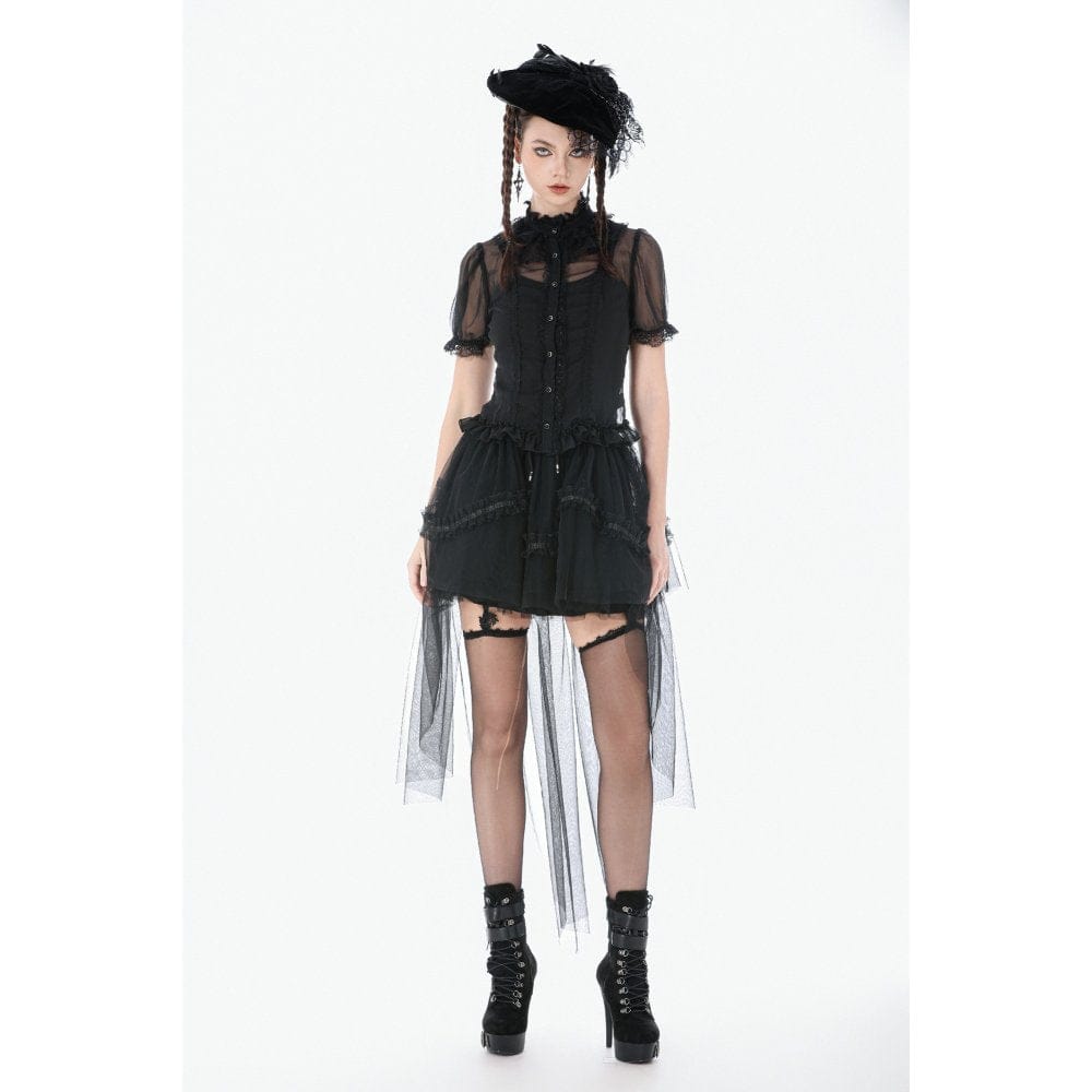 Darkinlove Women's Gothic Mesh Tailed Lace Pleated Skirt