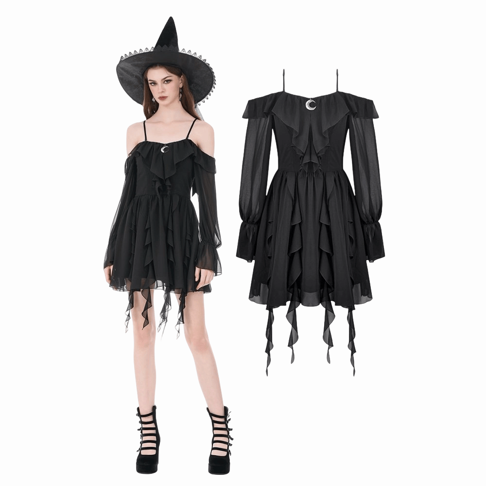 Darkinlove Women's Gothic Moon Layered Ruffled Off Shoulder Slip Dress