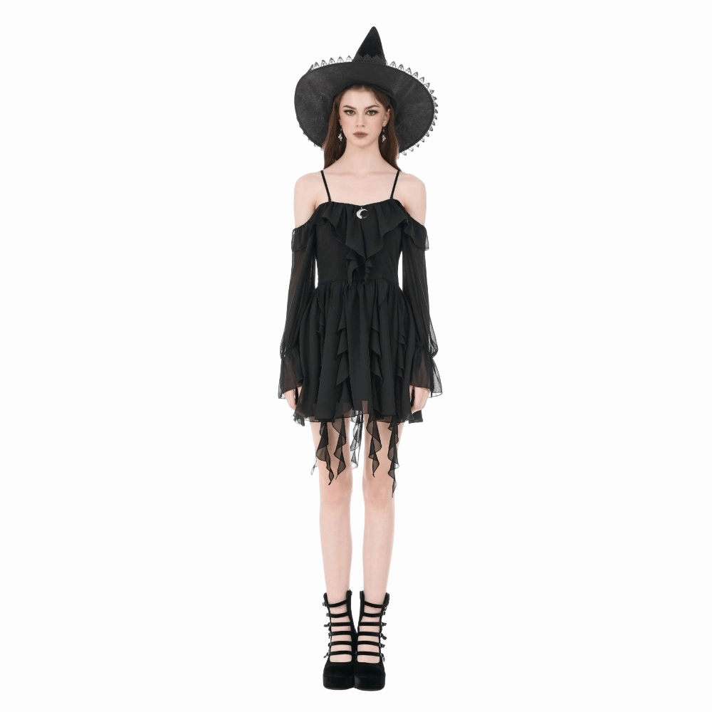 Darkinlove Women's Gothic Moon Layered Ruffled Off Shoulder Slip Dress