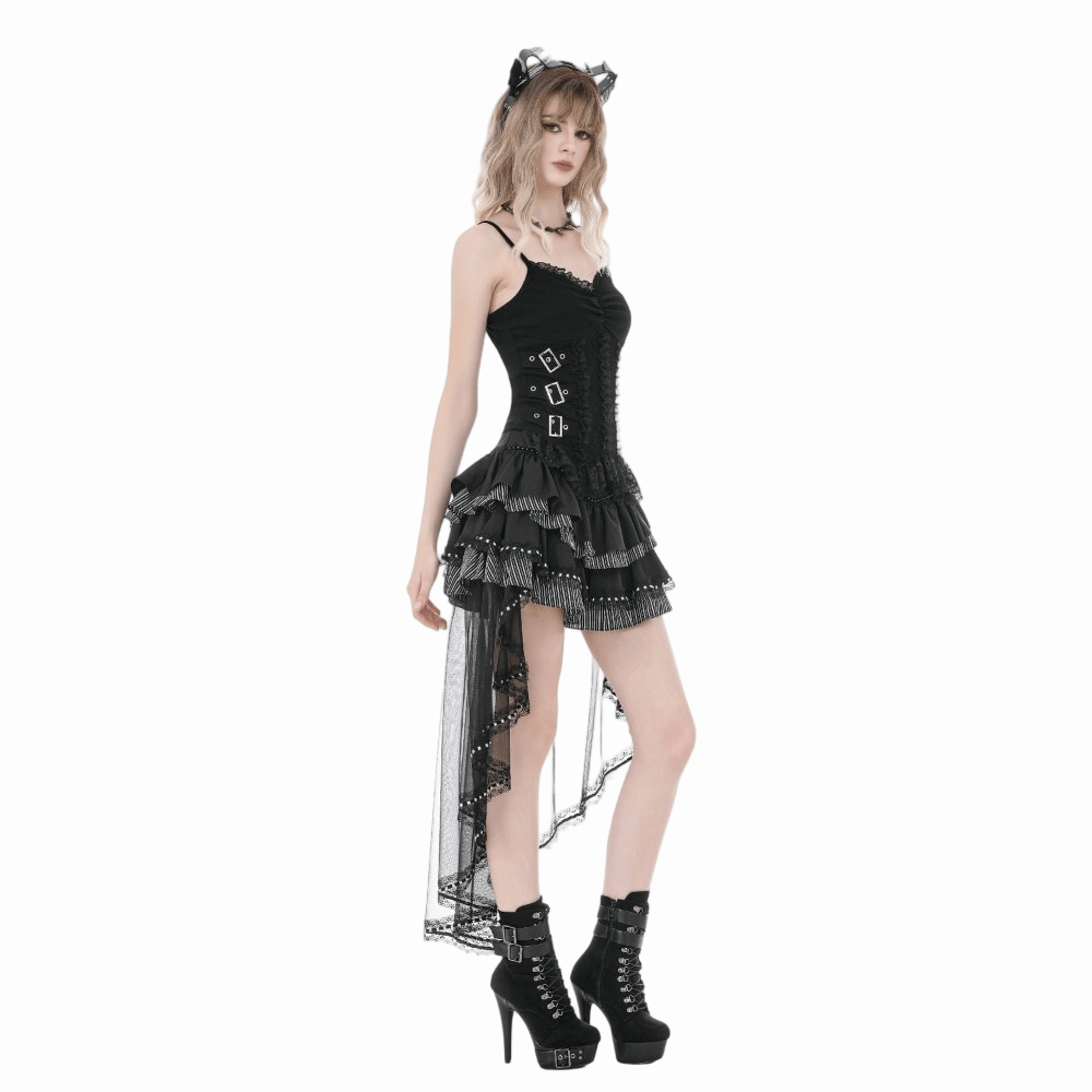 Darkinlove Women's Gothic Multilayer Buckle Straps Lace Patchwork Tank Top