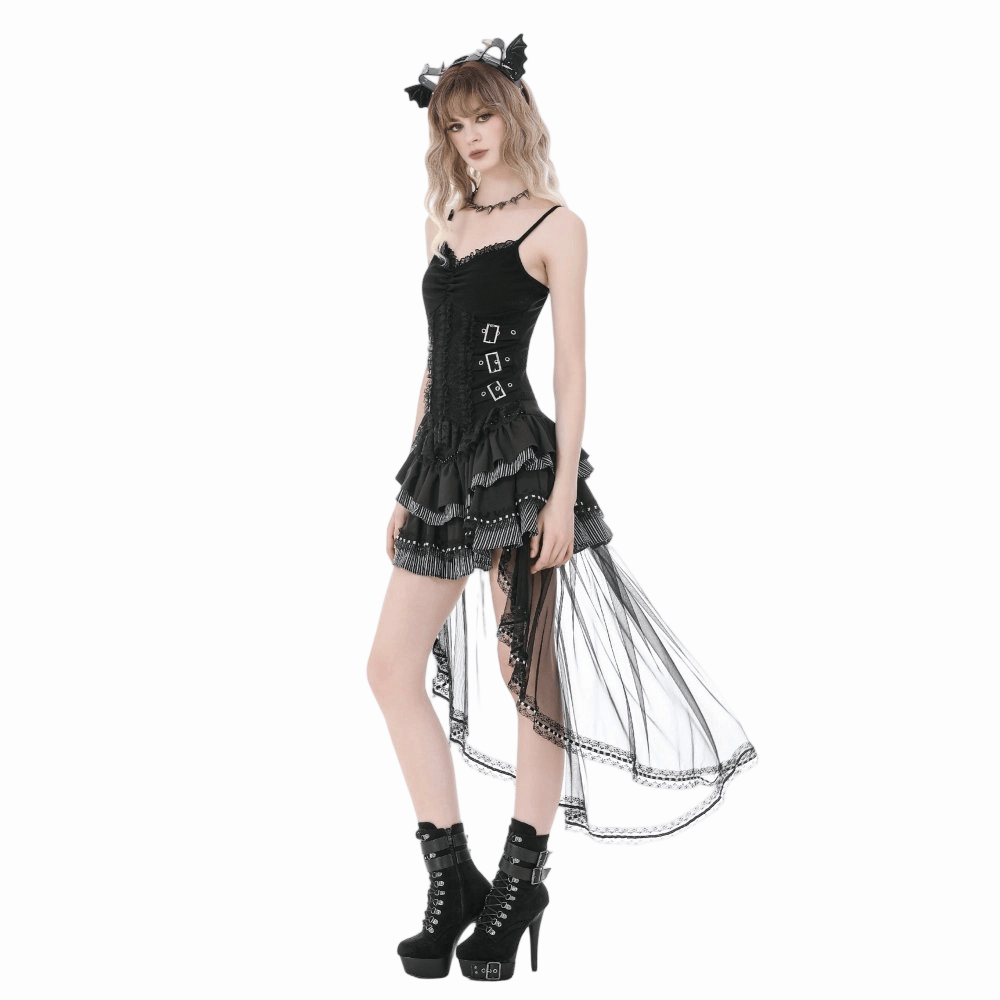 Darkinlove Women's Gothic Multilayer Buckle Straps Lace Patchwork Tank Top