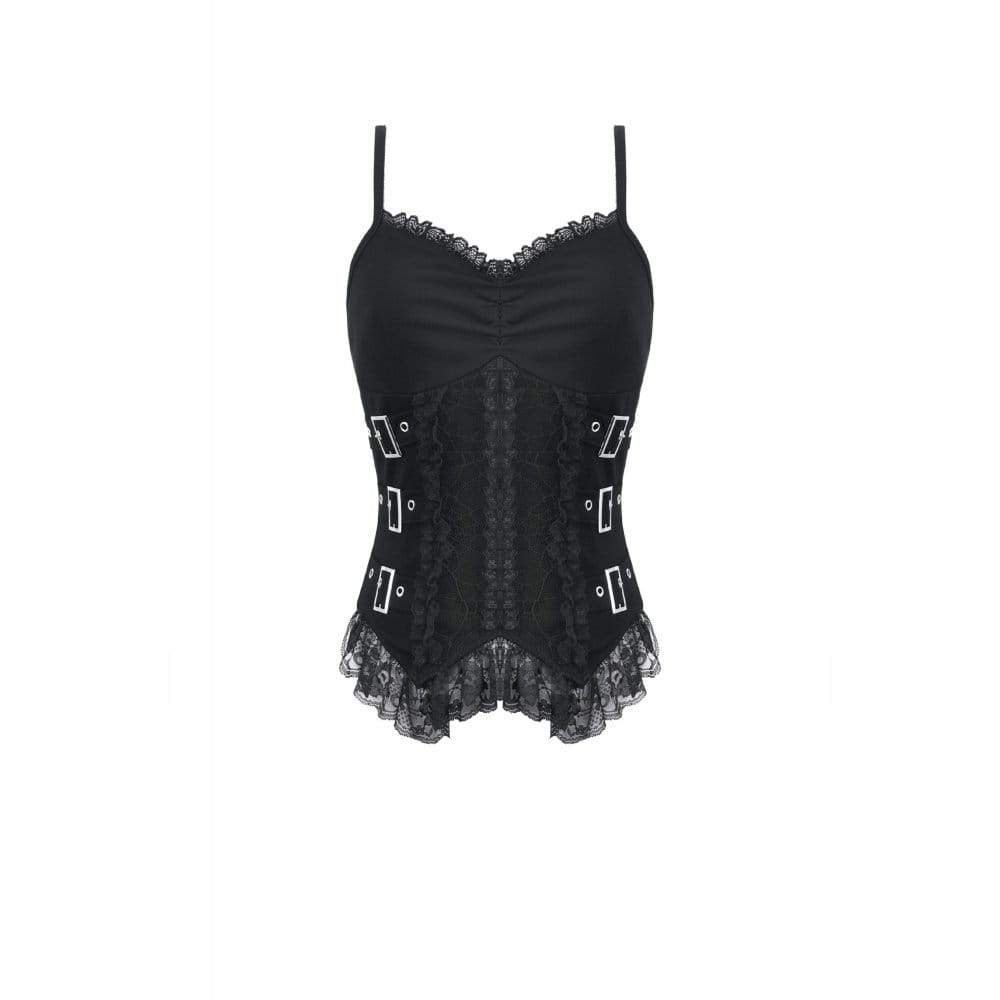 Darkinlove Women's Gothic Multilayer Buckle Straps Lace Patchwork Tank Top