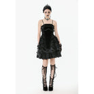 Darkinlove Women's Gothic Multilayer Ruffles Lace Velet Slip Dress