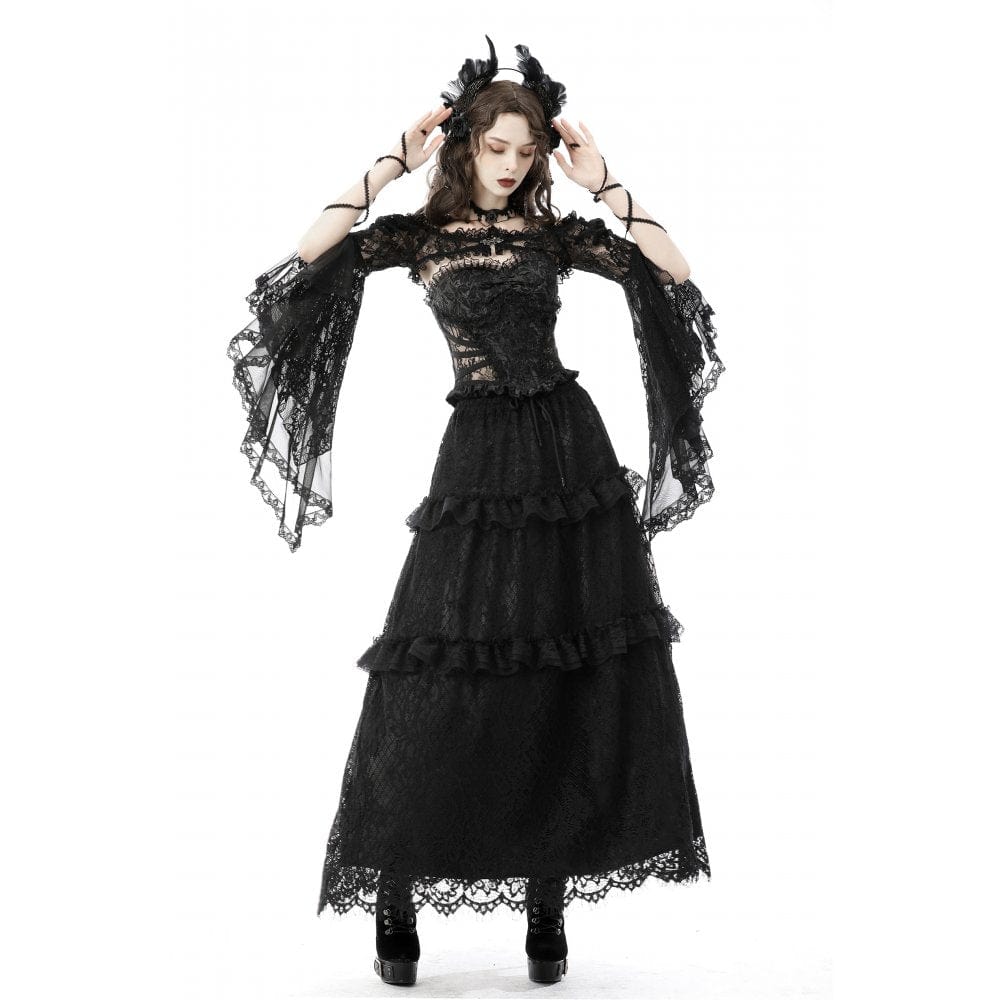 Darkinlove Women's Gothic Off Shoulder Flare Sleeved Floral Mesh Cape