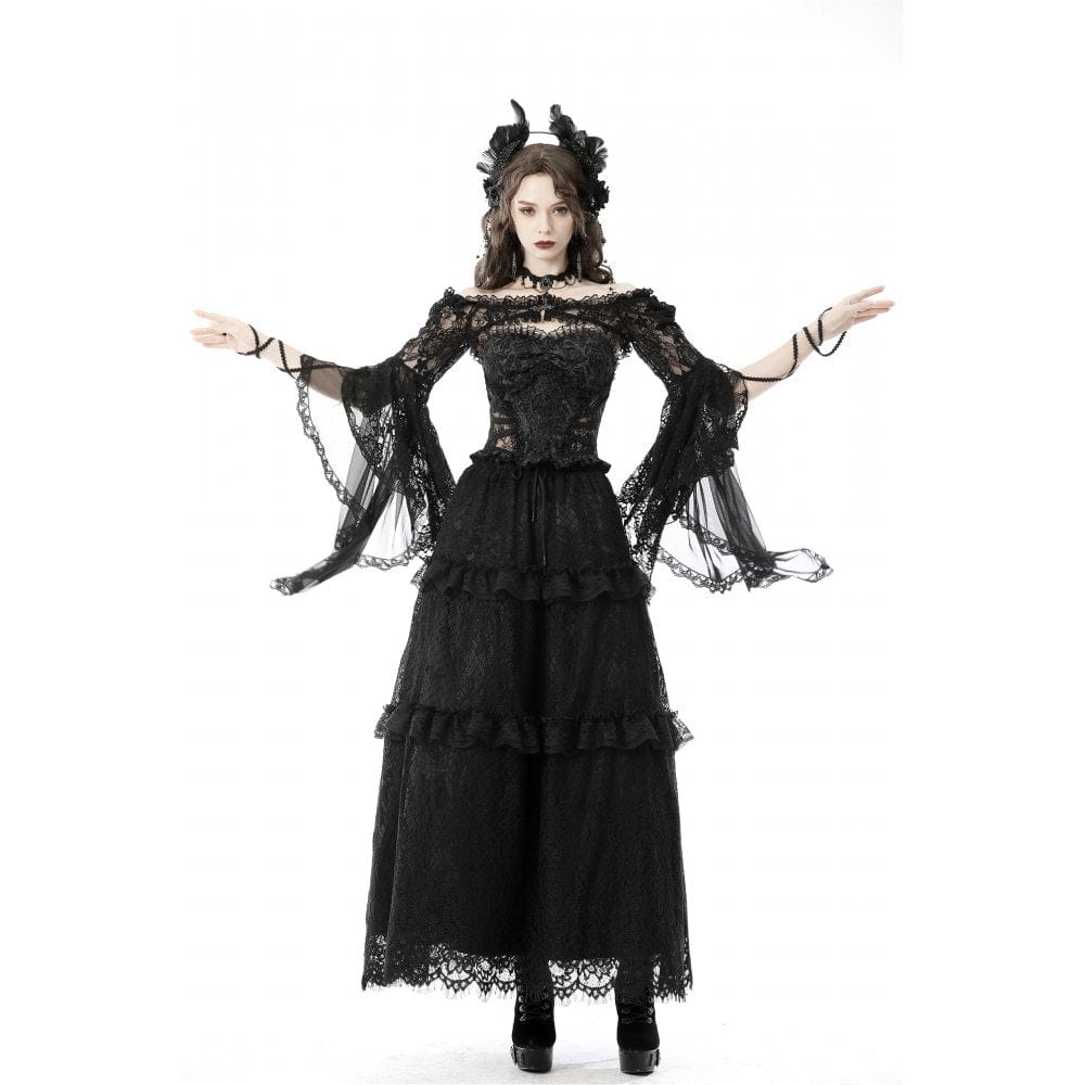 Darkinlove Women's Gothic Off Shoulder Flare Sleeved Floral Mesh Cape