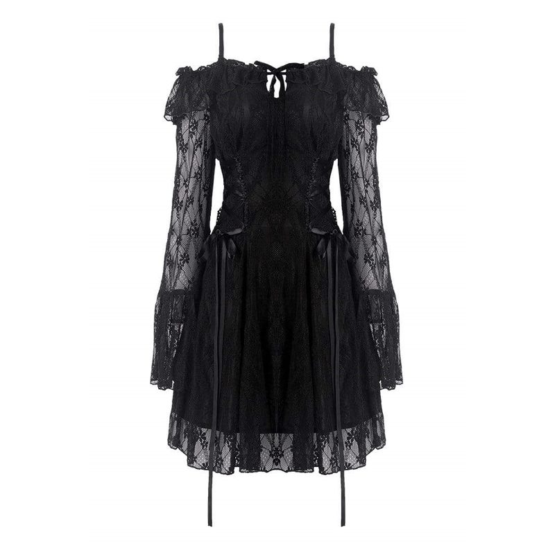 Darkinlove Women's Gothic Off-shoulder Lace Overlaid  Sheer Sleeved Dresses