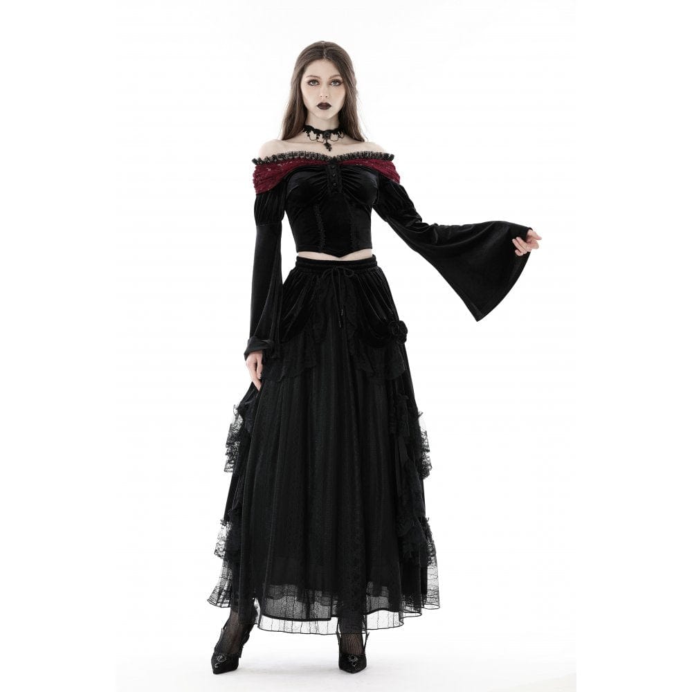 Darkinlove Women's Gothic Off Shoulder Lace Splice Velvet Crop Top