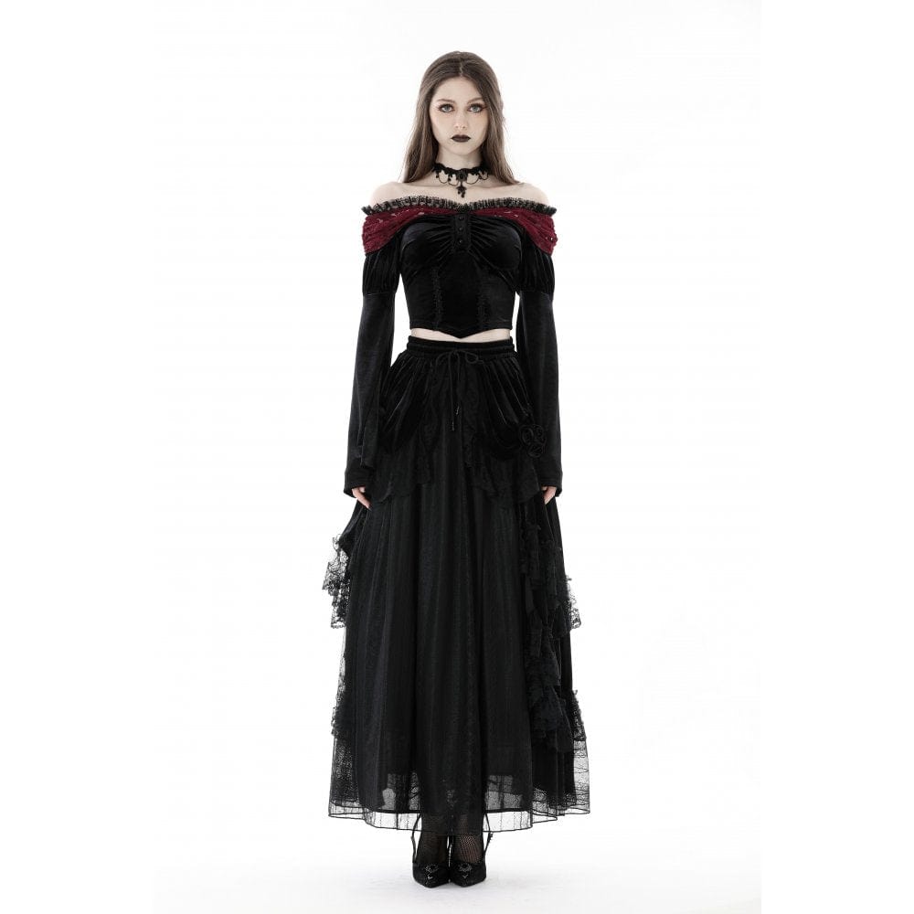 Darkinlove Women's Gothic Off Shoulder Lace Splice Velvet Crop Top