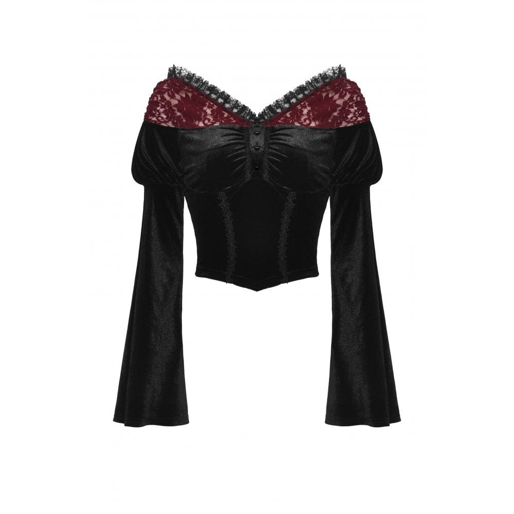 Darkinlove Women's Gothic Off Shoulder Lace Splice Velvet Crop Top