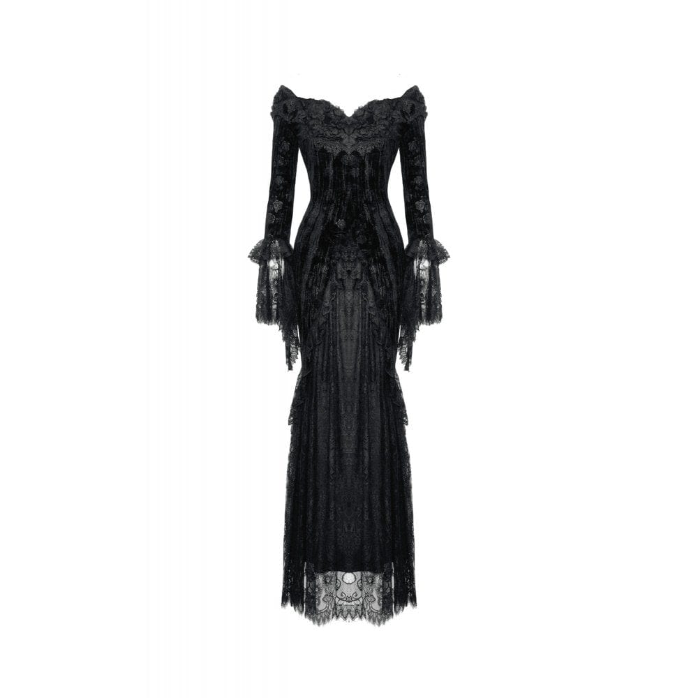 Darkinlove Women's Gothic Off Shoulder Lace Splice Velvet Dress