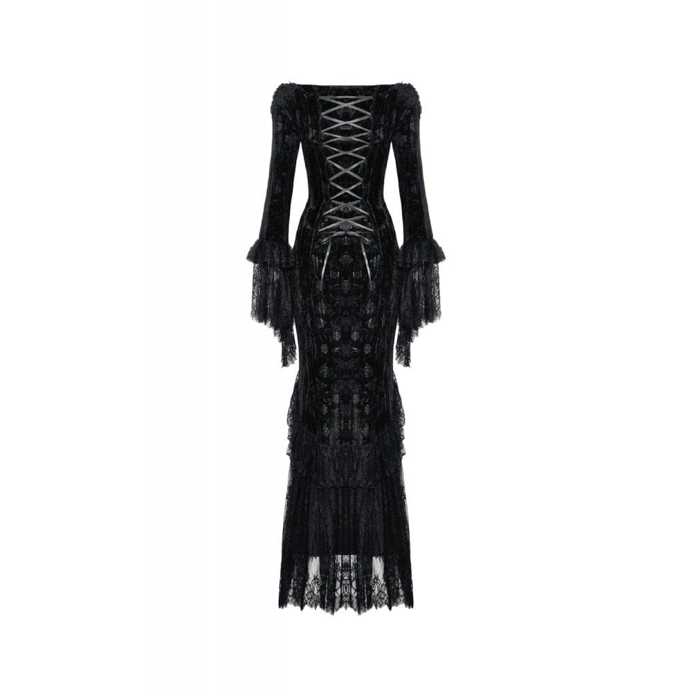 Darkinlove Women's Gothic Off Shoulder Lace Splice Velvet Dress