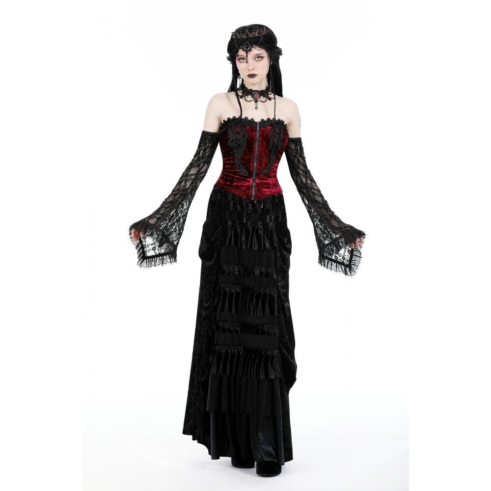 Darkinlove Women's Gothic Off Shoulder Lace Splice Velvet Top