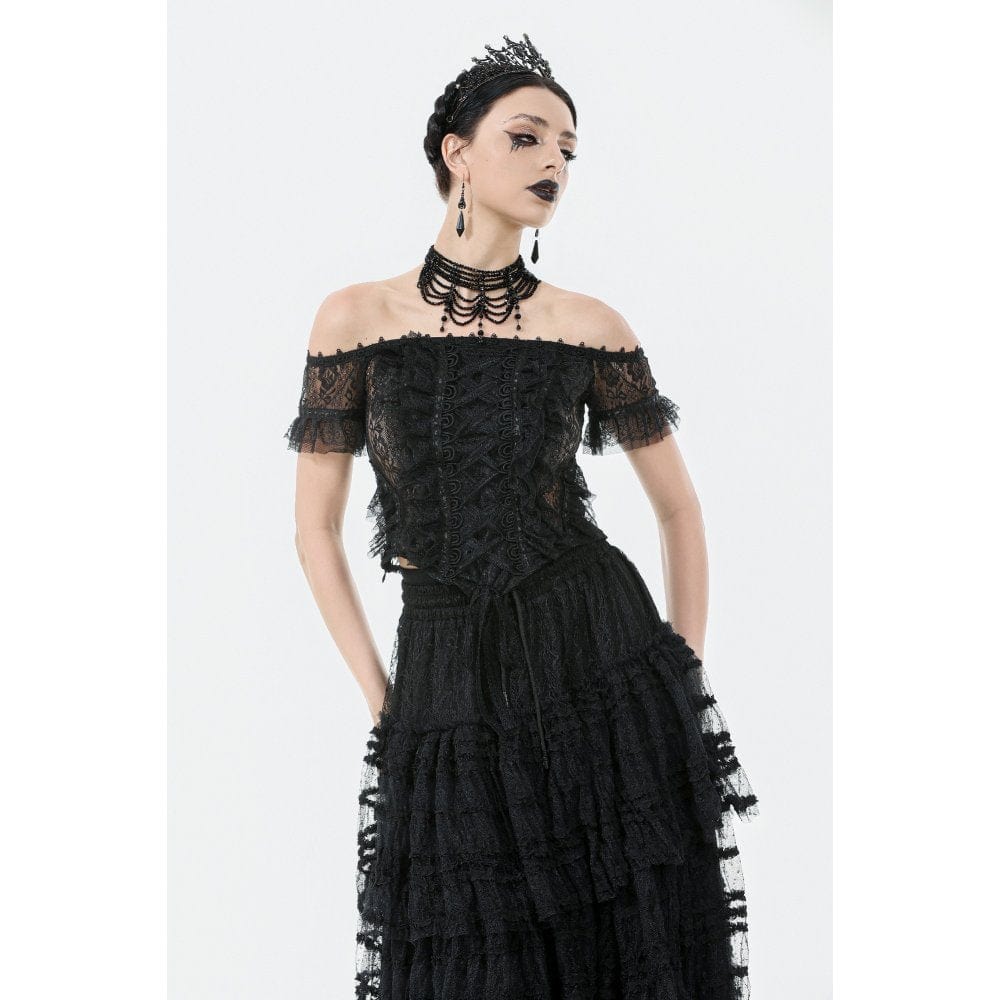 Darkinlove Women's Gothic Off Shoulder Ruffles Lace Top