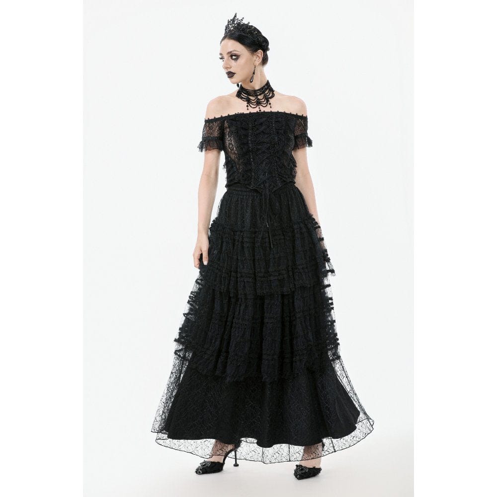 Darkinlove Women's Gothic Off Shoulder Ruffles Lace Top