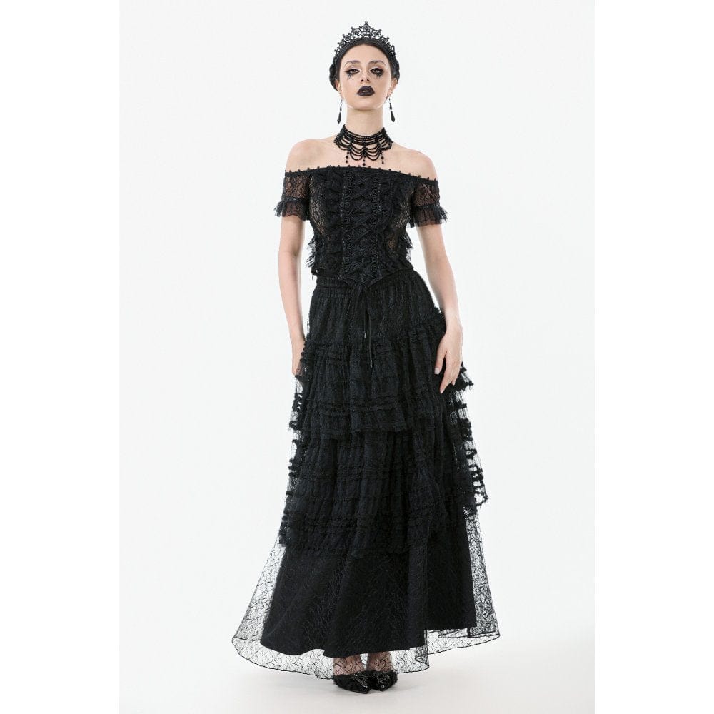 Darkinlove Women's Gothic Off Shoulder Ruffles Lace Top