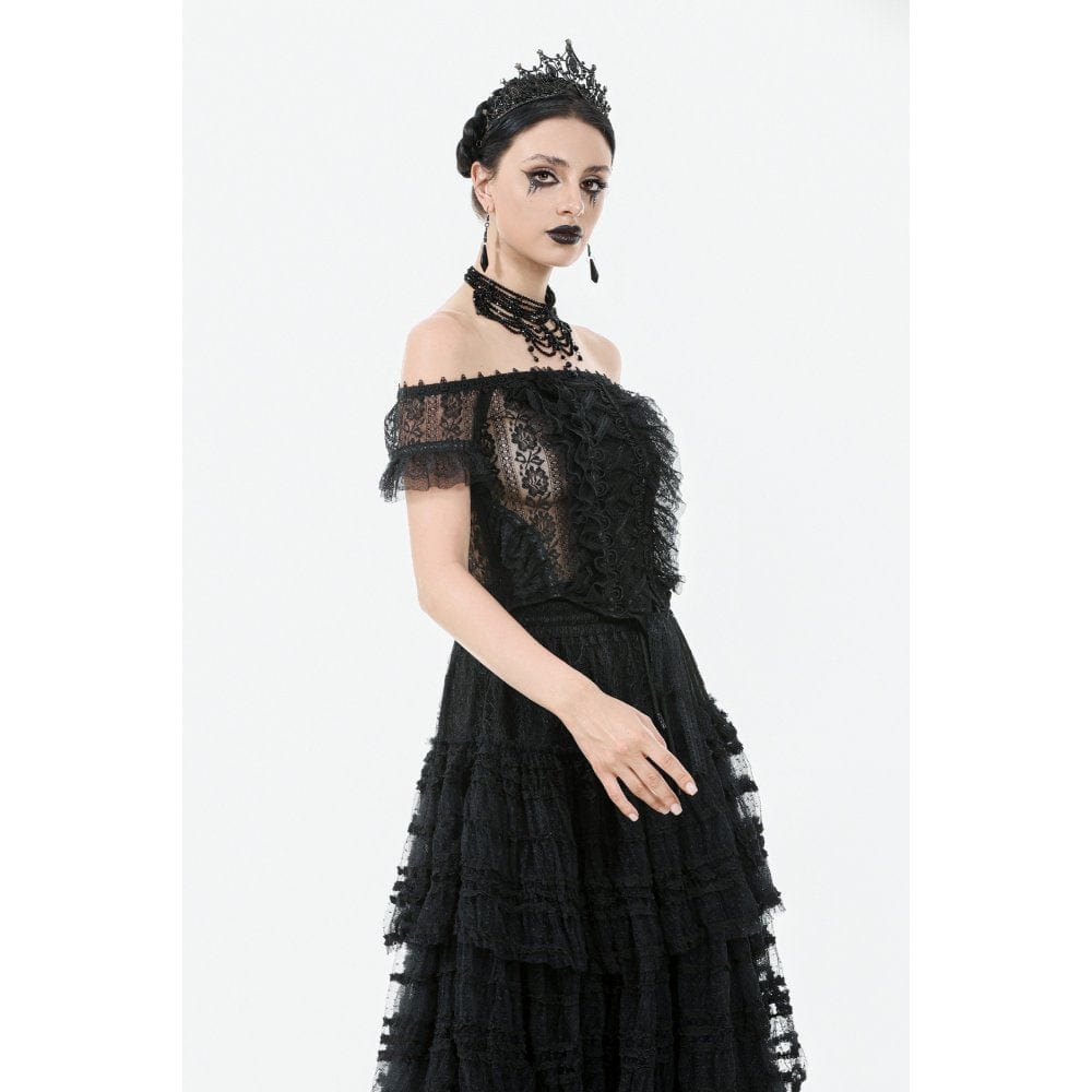 Darkinlove Women's Gothic Off Shoulder Ruffles Lace Top