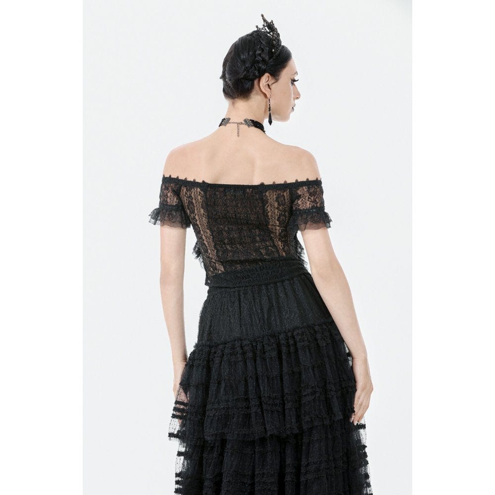 Darkinlove Women's Gothic Off Shoulder Ruffles Lace Top