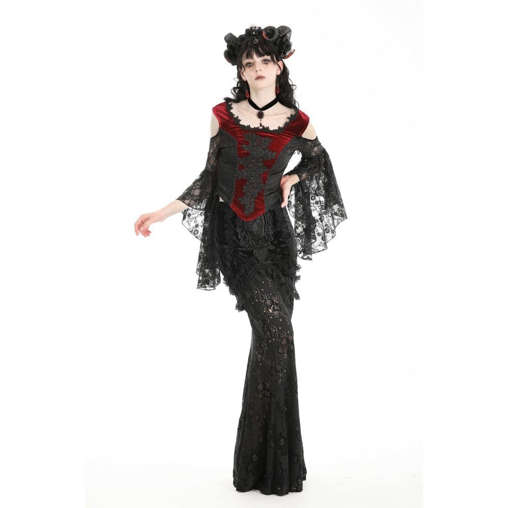 Darkinlove Women's Gothic Off-the-shoulder Contrast Color Lace Top