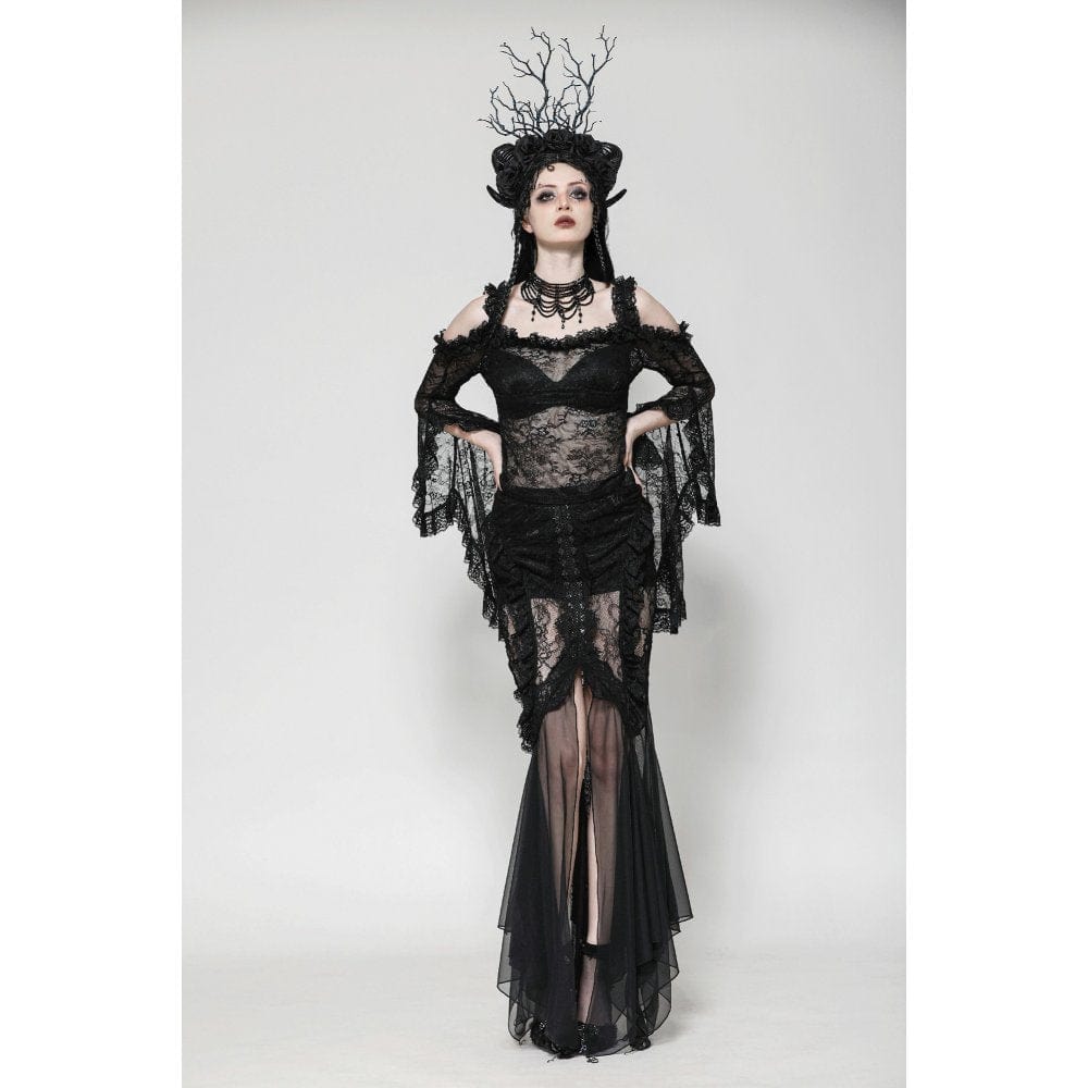 Darkinlove Women's Gothic Off-the-Shoulder Flared Sleeved Lace Shirt