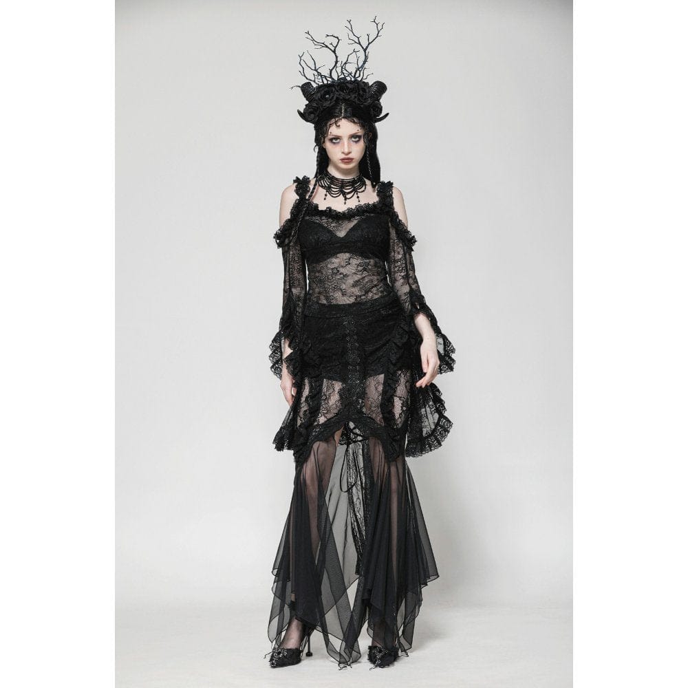 Darkinlove Women's Gothic Off-the-Shoulder Flared Sleeved Lace Shirt