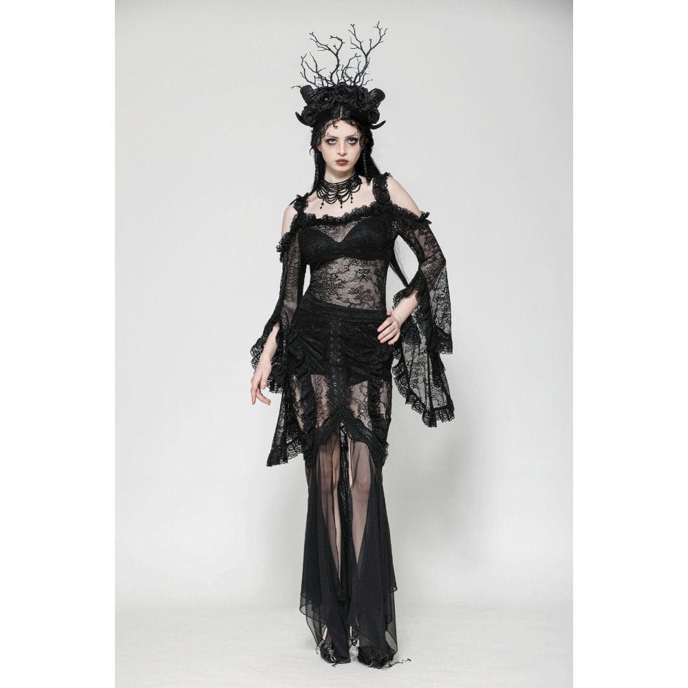 Darkinlove Women's Gothic Off-the-Shoulder Flared Sleeved Lace Shirt