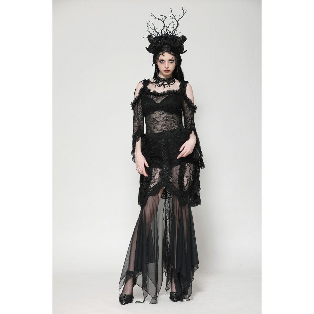 Darkinlove Women's Gothic Off-the-Shoulder Flared Sleeved Lace Shirt
