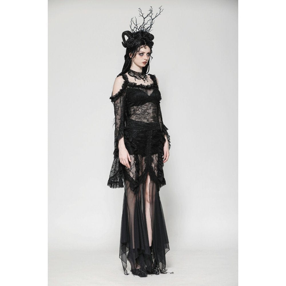 Darkinlove Women's Gothic Off-the-Shoulder Flared Sleeved Lace Shirt