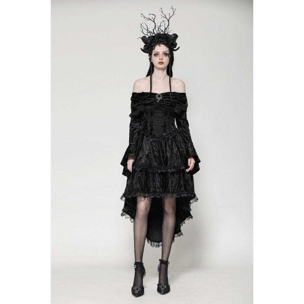 Darkinlove Women's Gothic Off-the-Shoulder High/Low Velvet Prom Dress