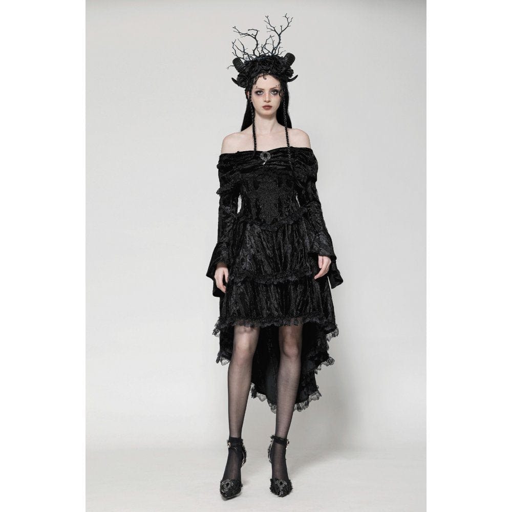 Darkinlove Women's Gothic Off-the-Shoulder High/Low Velvet Prom Dress