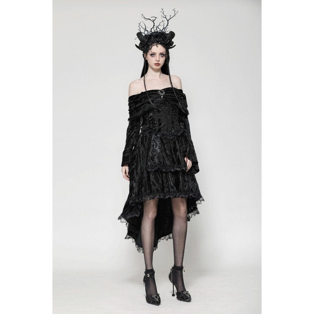 Darkinlove Women's Gothic Off-the-Shoulder High/Low Velvet Prom Dress