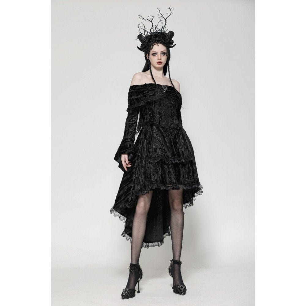Darkinlove Women's Gothic Off-the-Shoulder High/Low Velvet Prom Dress