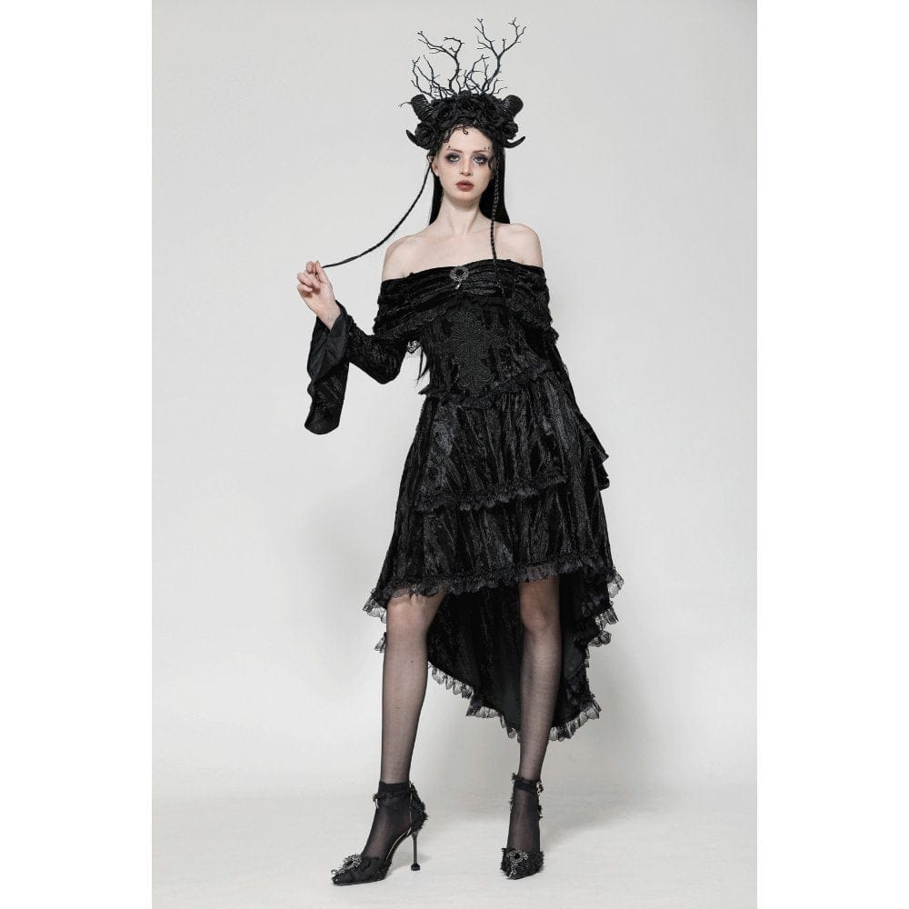 Darkinlove Women's Gothic Off-the-Shoulder High/Low Velvet Prom Dress