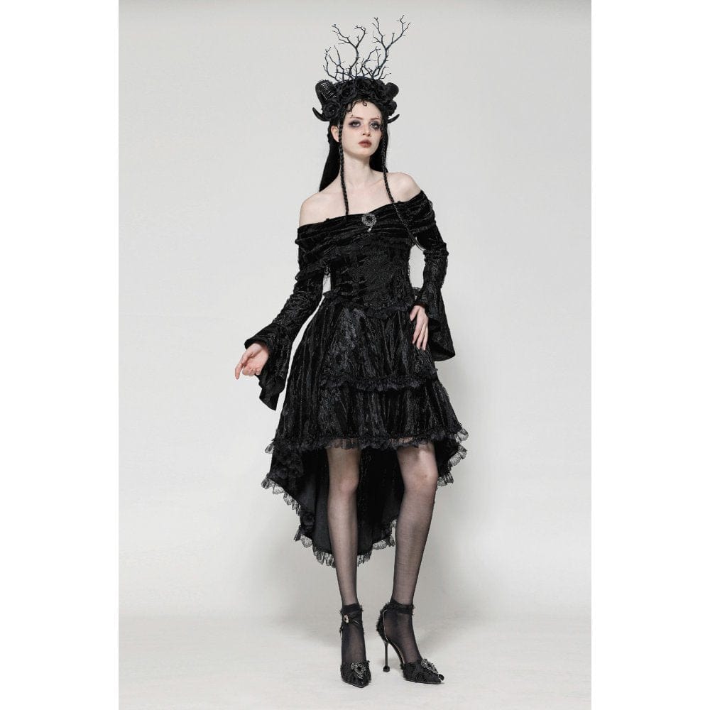 Darkinlove Women's Gothic Off-the-Shoulder High/Low Velvet Prom Dress
