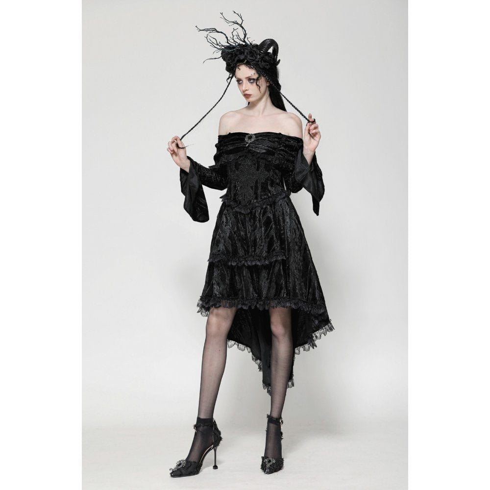 Darkinlove Women's Gothic Off-the-Shoulder High/Low Velvet Prom Dress