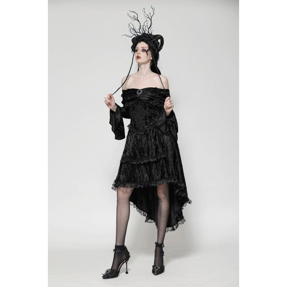 Darkinlove Women's Gothic Off-the-Shoulder High/Low Velvet Prom Dress