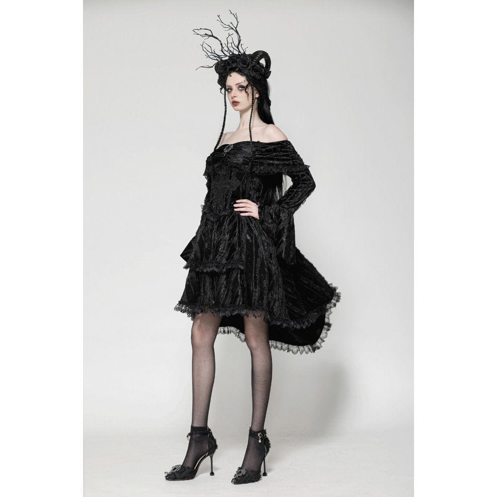 Darkinlove Women's Gothic Off-the-Shoulder High/Low Velvet Prom Dress