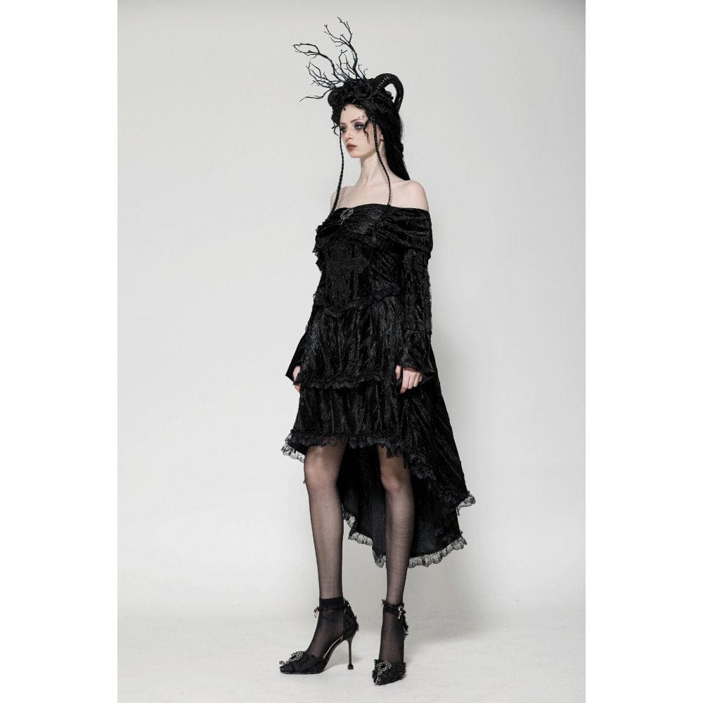 Darkinlove Women's Gothic Off-the-Shoulder High/Low Velvet Prom Dress